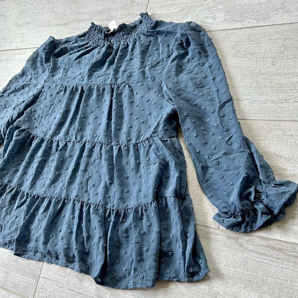 Monteau Los Angeles Blue Swiss Dot Sheer Tiered Babydoll Blouse cottagecore M - Picture 7 of 10